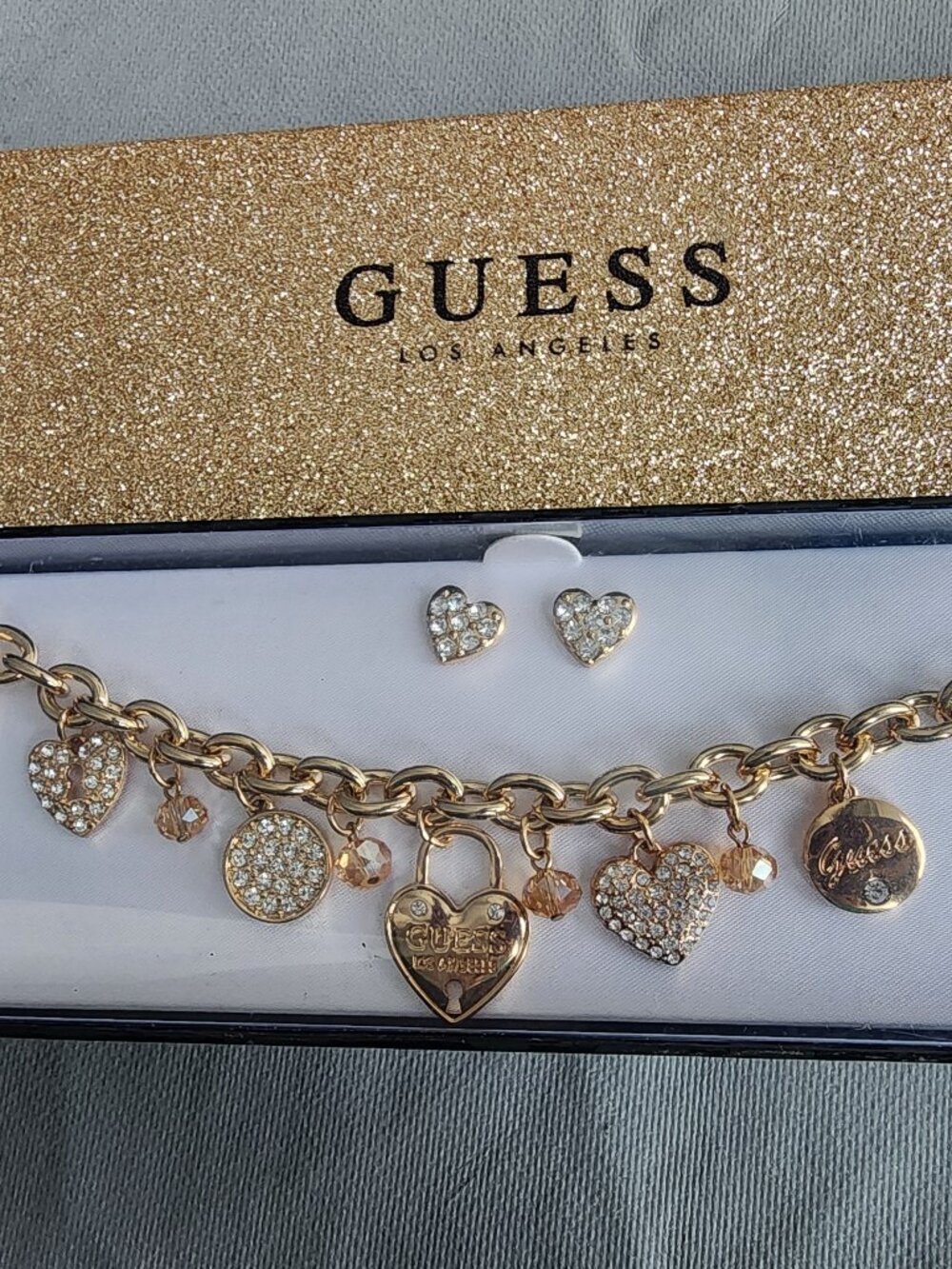 Guess New Gold and Diamond Charm Bracelet and Earrings Set NWT